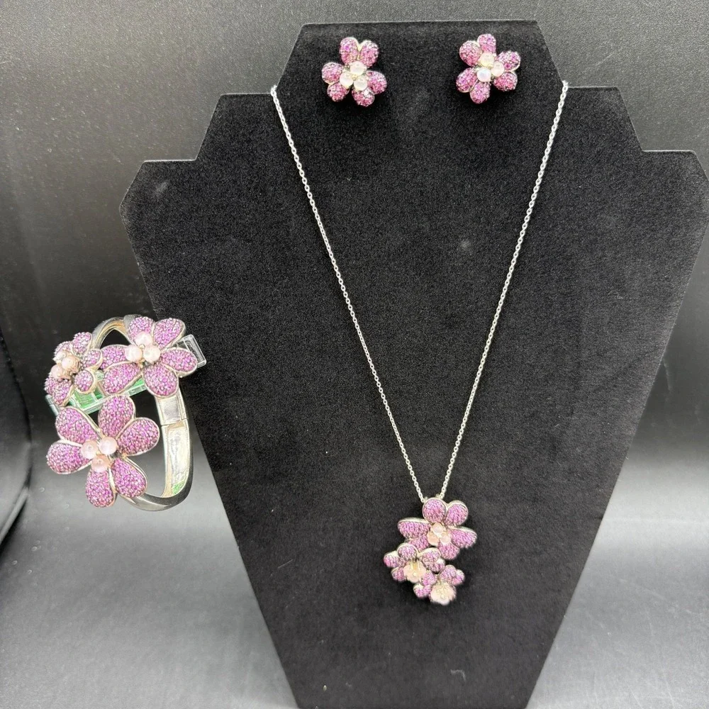 Moonstone Flower‎ Purple Sterling Silver Set Pendant Earrings Bracelet Garnet